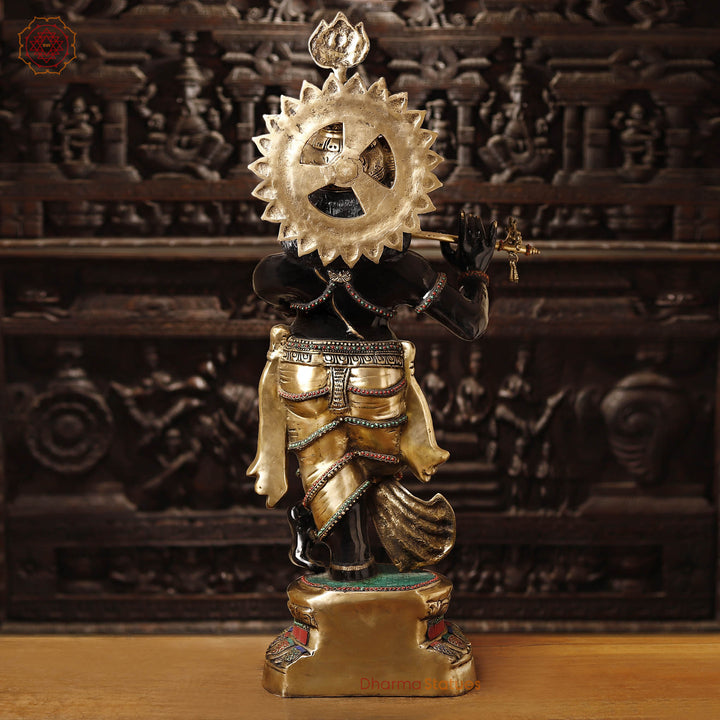 Brass Krishna Idol, Playing the Flute, Golden & Black Finish with Stone Inlay, 46.5"