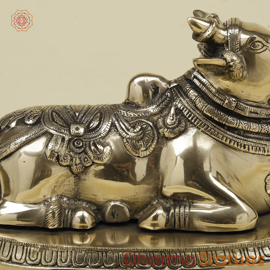 Brass Nandi Seated on Base, Fine Smooth Finish, 7.5"