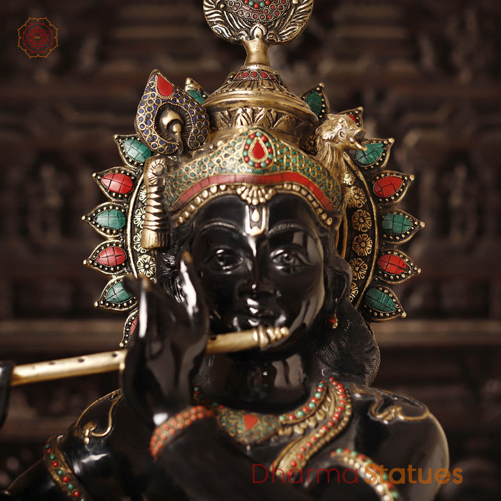 Brass Krishna Idol, Playing the Flute, Golden & Black Finish with Stone Inlay, 46.5"