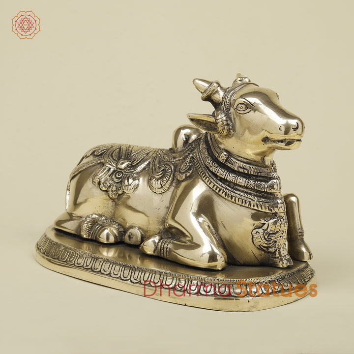 Brass Nandi Seated on Base, Fine Smooth Finish, 7.5"