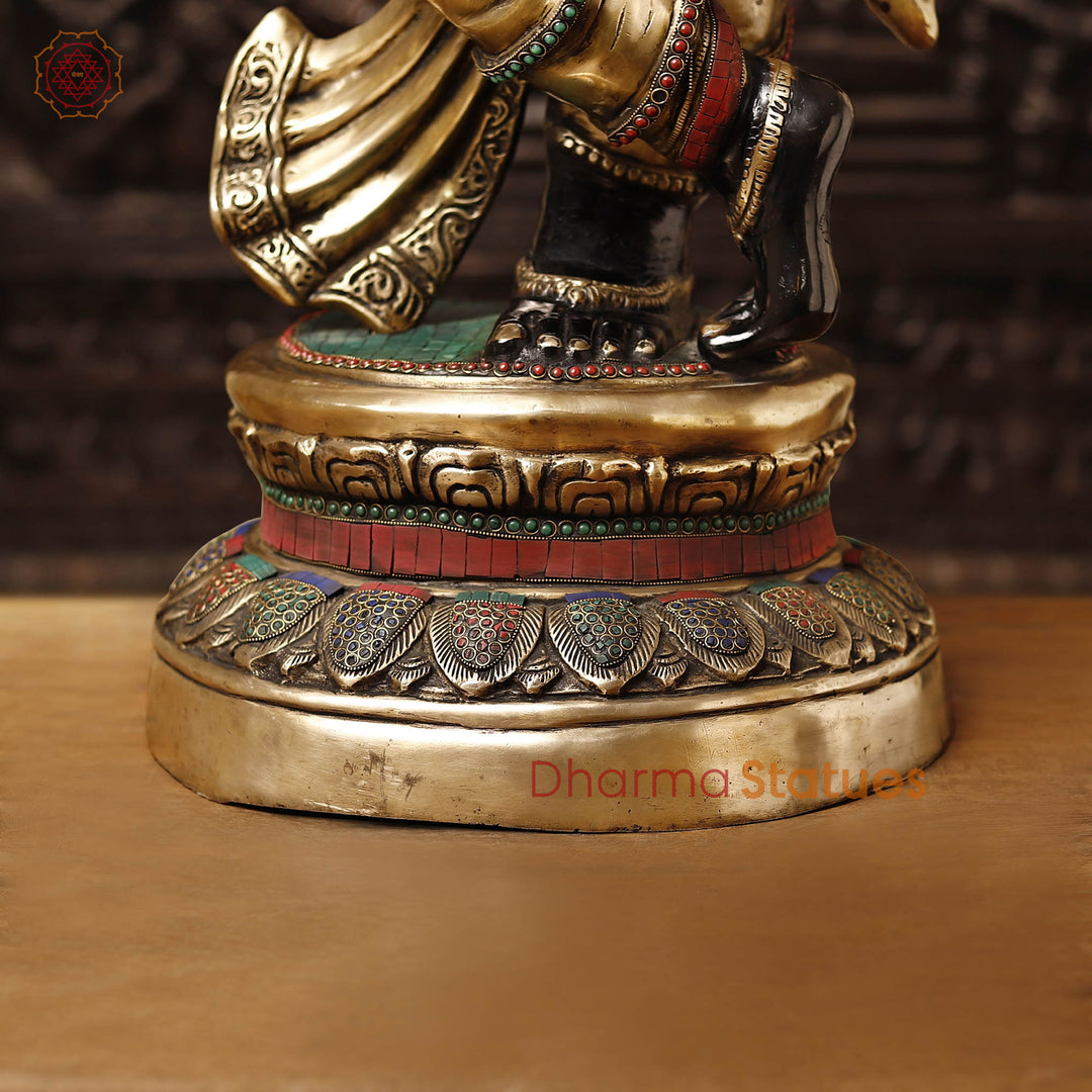 Brass Krishna Idol, Playing the Flute, Golden & Black Finish with Stone Inlay, 46.5"