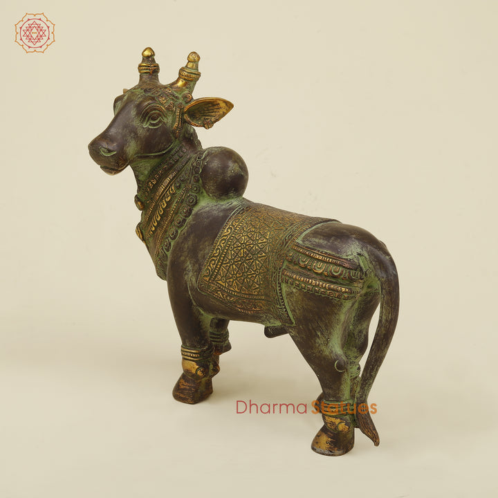 Brass Nandi Standing, Green Patina Finish with Golden Accent, 11"