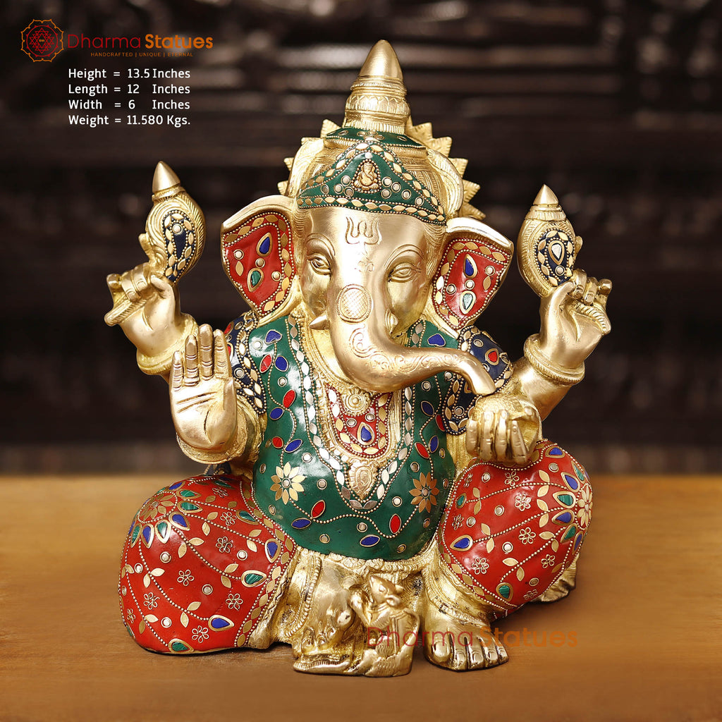 Brass Ganesh Seated With Stone Work 13.5" Front View