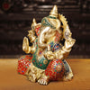 Brass Ganesh Seated, golden and stone work, 13.5"