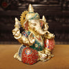 Brass Ganesh Seated, golden and stone work, 13.5"