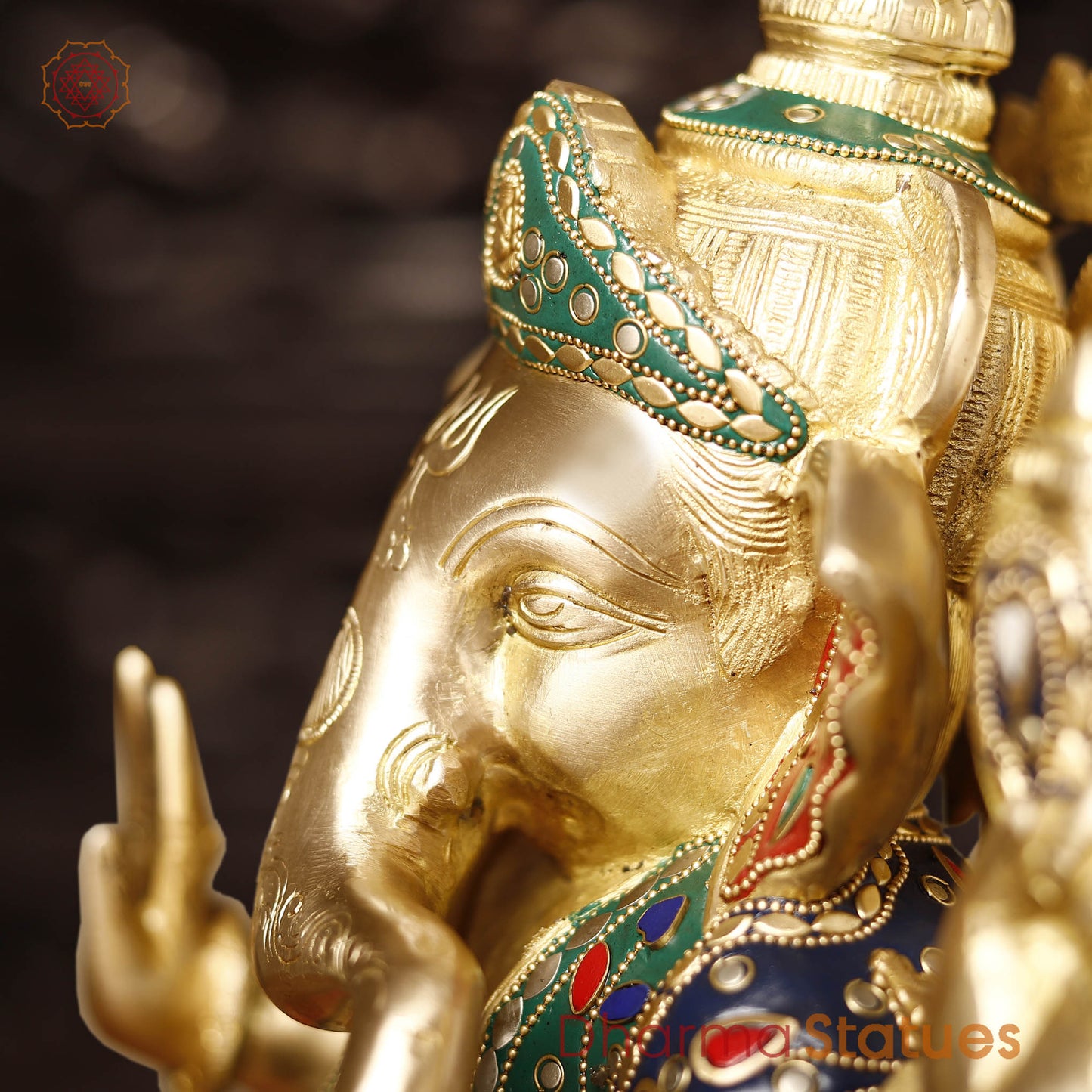 Brass Ganesh Seated, golden and stone work, 13.5"