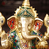 Brass Ganesh Seated, golden and stone work, 13.5"