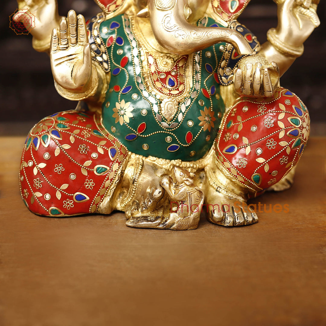 Brass Ganesh Seated, golden and stone work, 13.5"