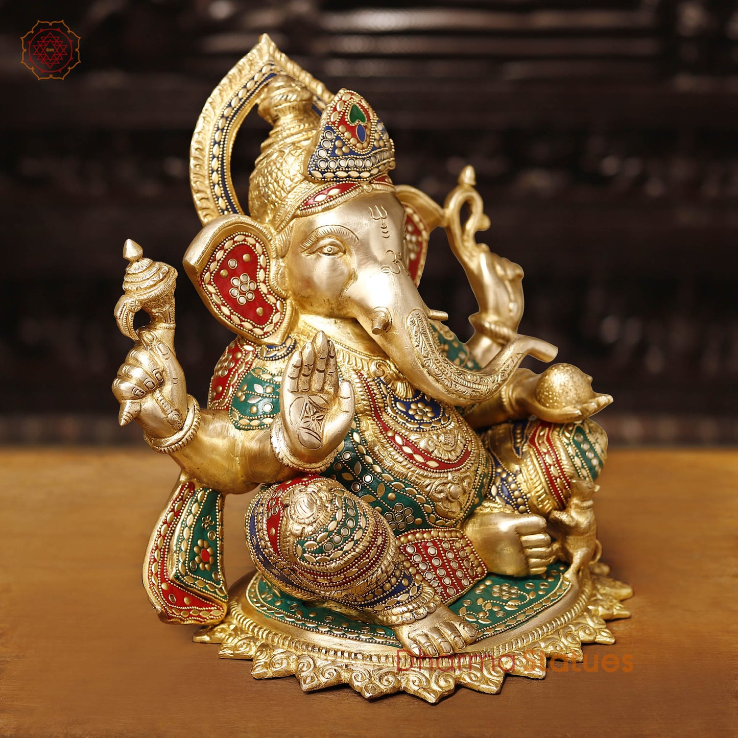Brass Ganesh Sitting On Lotus Base, Golden Finish & Stonework, 13.5"
