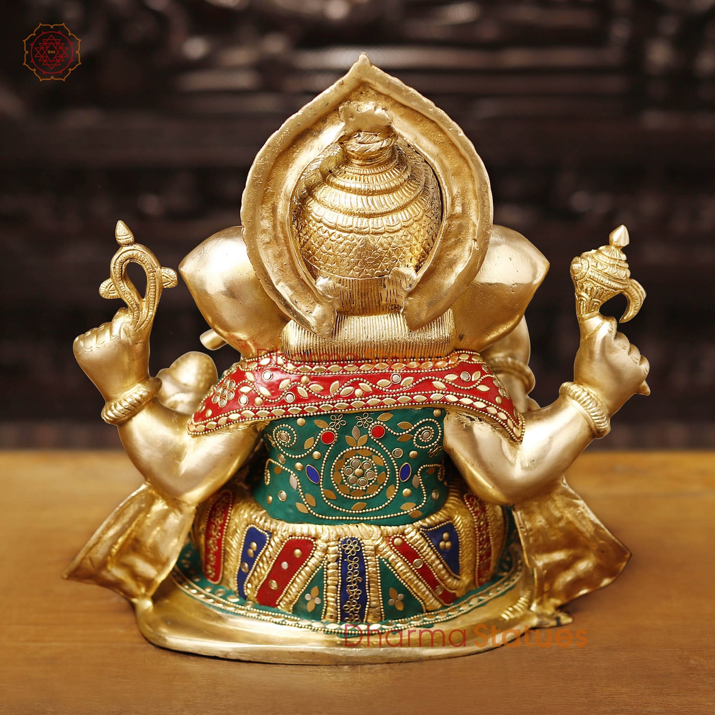 Brass Ganesh Sitting On Lotus Base, Golden Finish & Stonework, 13.5"
