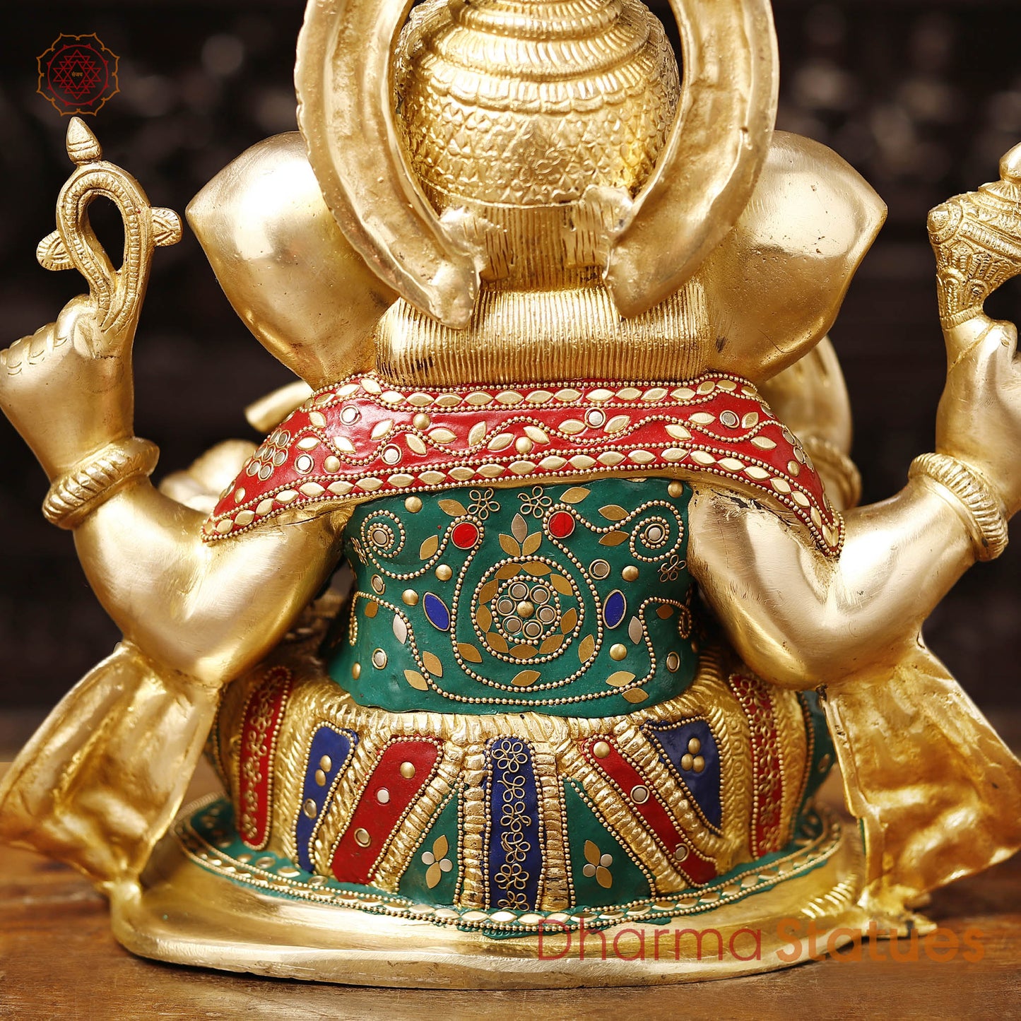 Brass Ganesh Sitting On Lotus Base, Golden Finish & Stonework, 13.5"