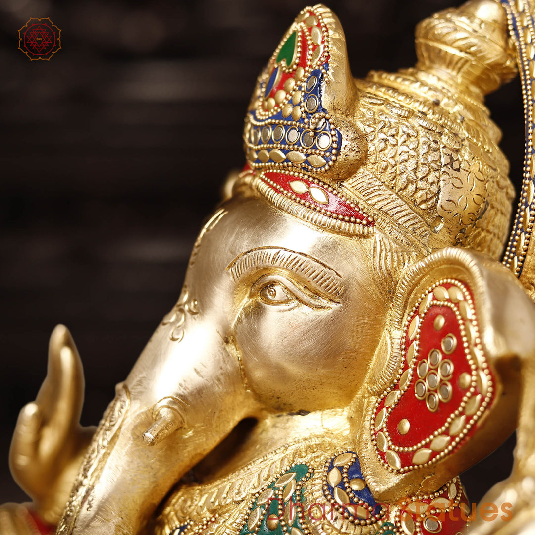 Brass Ganesh Sitting On Lotus Base (Stone Work) 13.5"