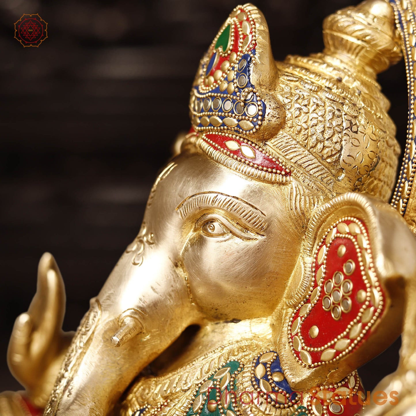 Brass Ganesh Sitting On Lotus Base, Golden Finish & Stonework, 13.5"