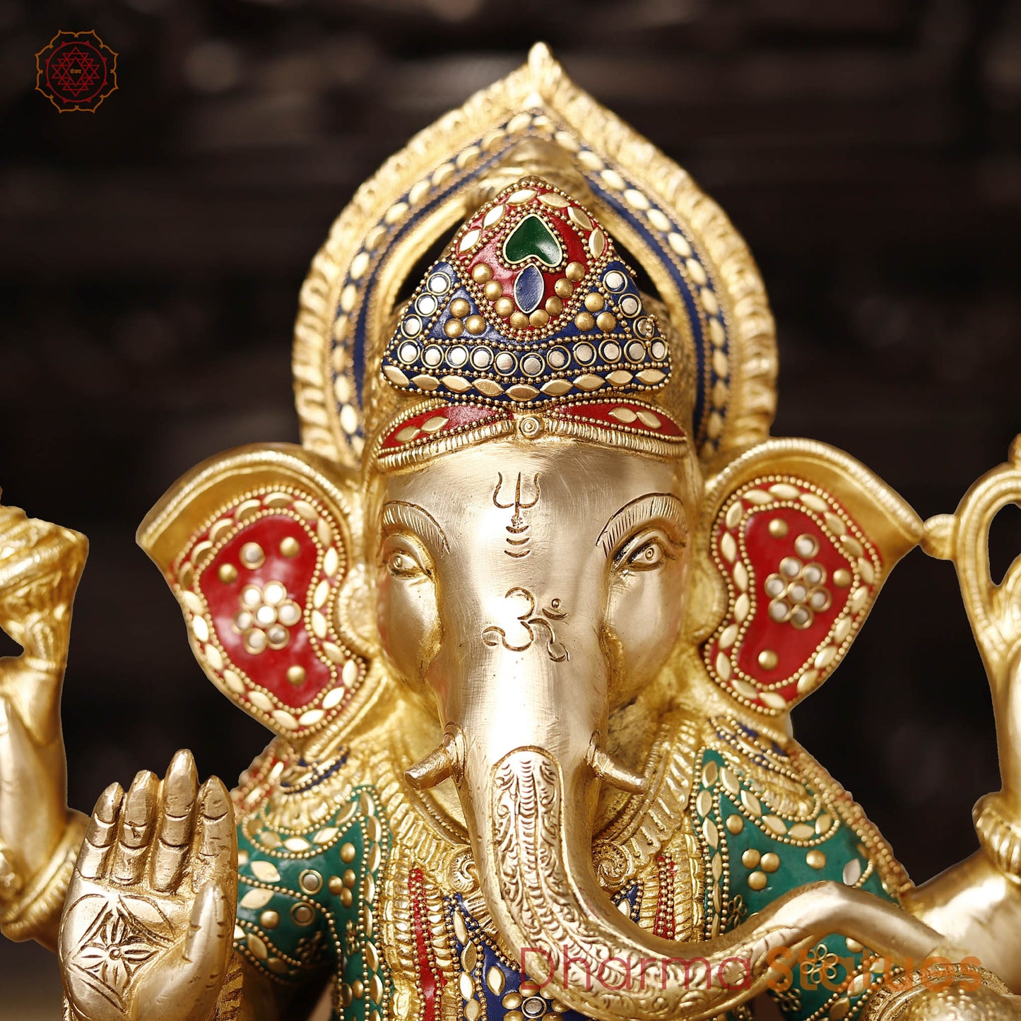 Brass Ganesh Sitting On Lotus Base, Golden Finish & Stonework, 13.5"