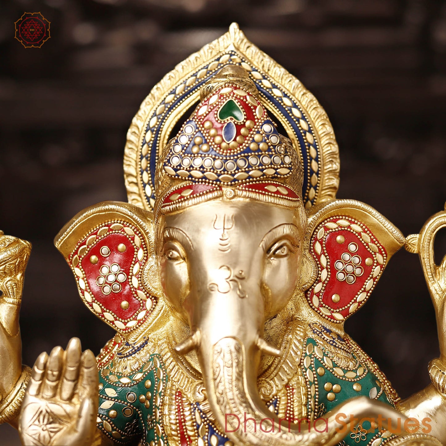 Brass Ganesh Sitting On Lotus Base, Golden Finish & Stonework, 13.5"