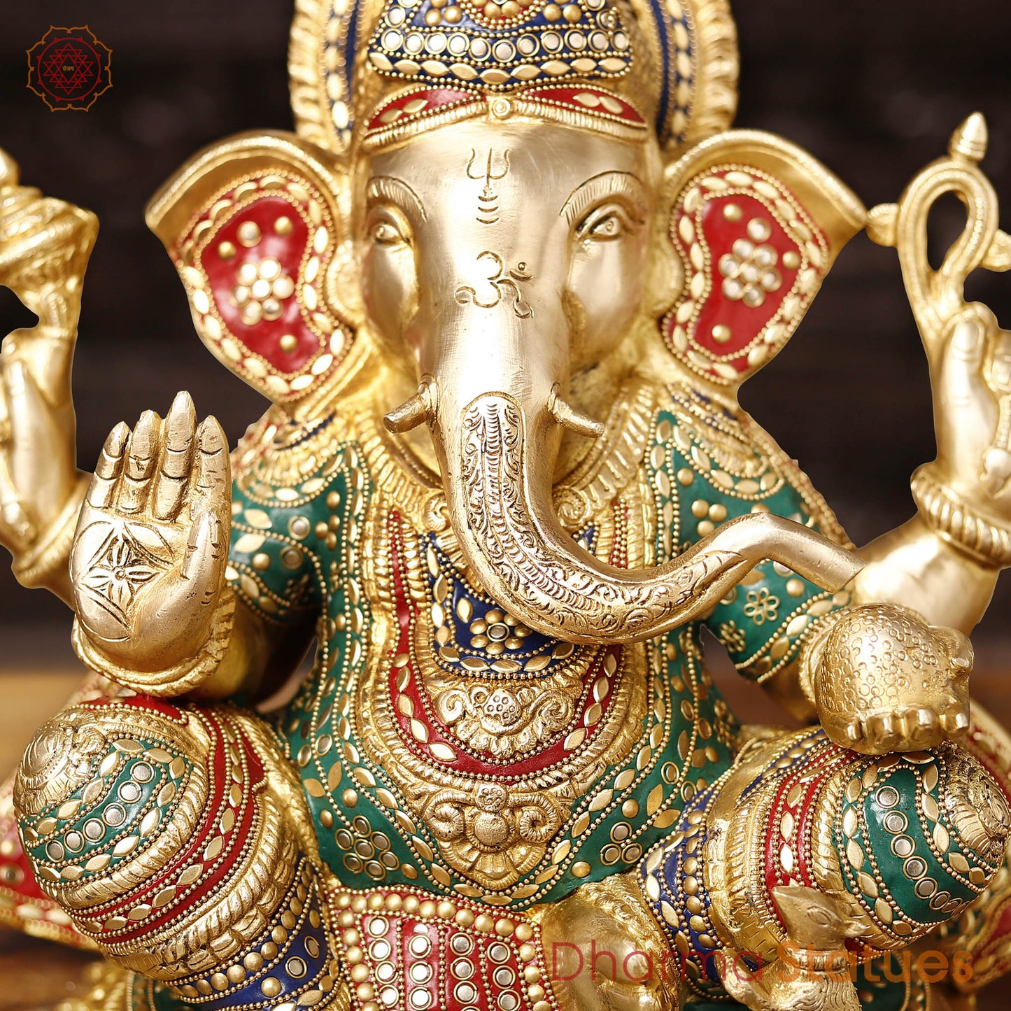 Brass Ganesh Sitting On Lotus Base, Golden Finish & Stonework, 13.5"