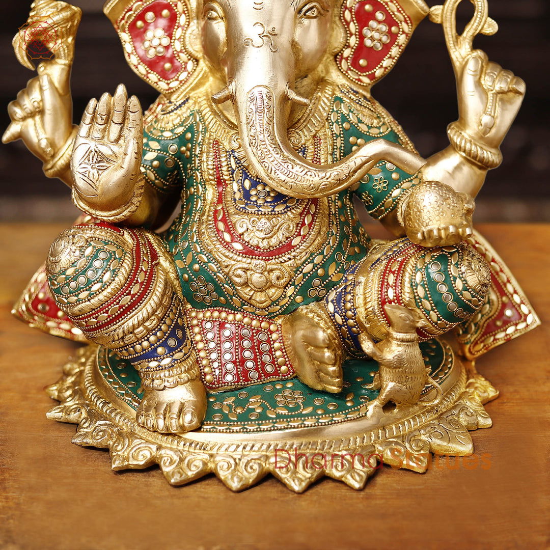 Brass Ganesh Sitting On Lotus Base (Stone Work) 13.5"