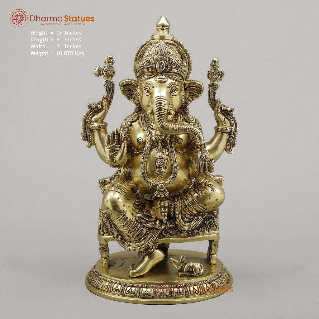 Brass Ganesh on Chowki Base with Rat, Fine Golden Finish, 15"