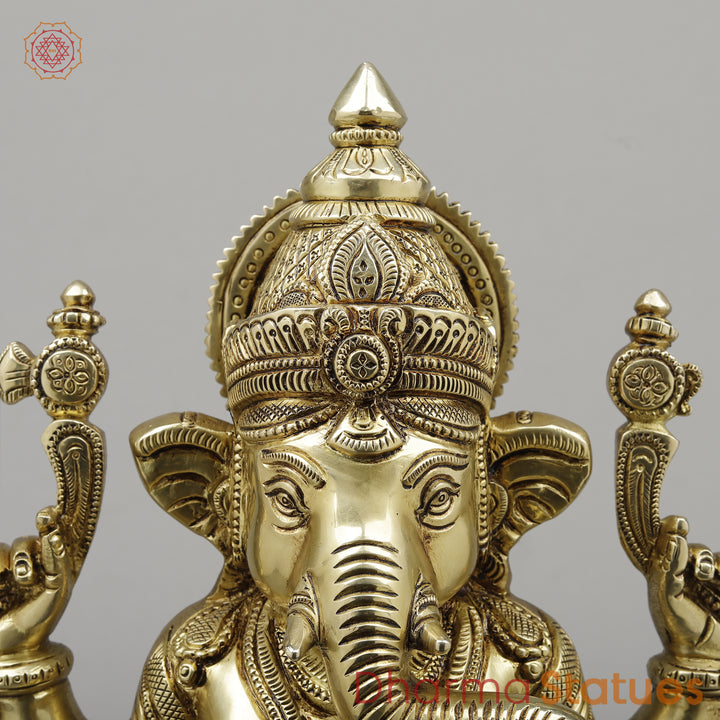 Brass Ganesh on Chowki Base with Rat, Fine Golden Finish, 15"