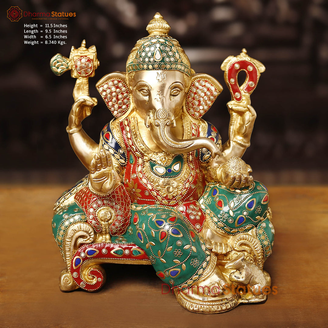 Brass Ganesh Sitting on a Throne stone Work, 12"  Front View