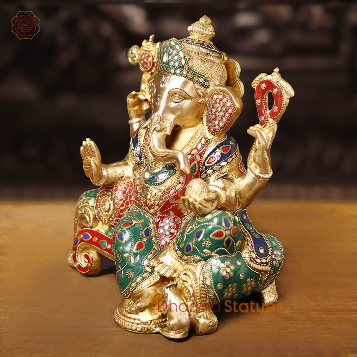 Brass Ganesh Sitting on a Throne stone Work, 12"