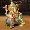 Brass Ganesh Sitting on a Throne stone Work, 12"