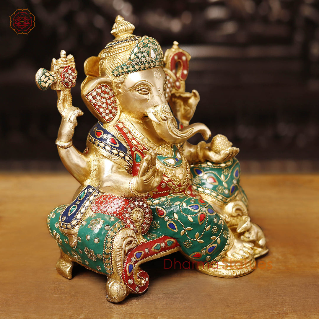 Brass Ganesh Sitting on a Throne stone Work, 12"