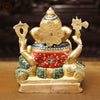 Brass Ganesh Sitting on a Throne stone Work, 12"