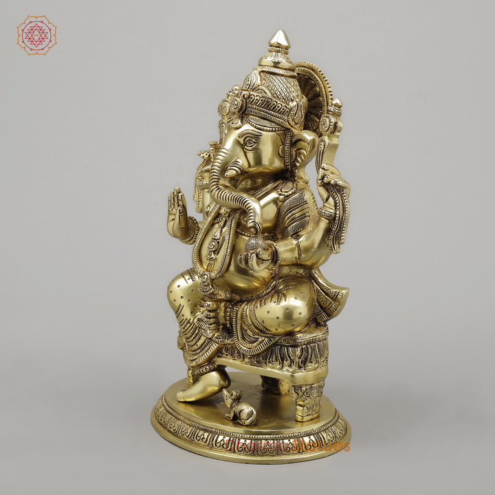 Brass Ganesh on Chowki Base with Rat, Fine Golden Finish, 15"