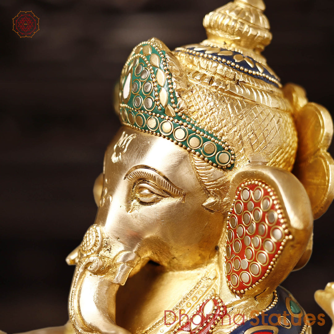 Brass Ganesh Sitting on a Throne stone Work, 12"