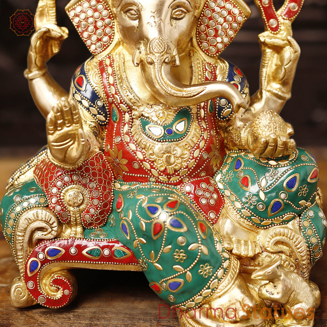 Brass Ganesh Sitting on a Throne stone Work, 12"