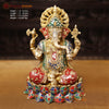 Brass Ganesh Seated On Lotus Base, Golden Stone Work, 12" Front View