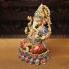 Brass Ganesh Seated On Lotus Base, Golden Stone Work, 12"