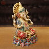 Brass Ganesh Seated On Lotus Base, Golden Stone Work, 12"