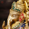 Brass Ganesh Seated On Lotus Base, Golden Stone Work, 12"