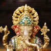 Brass Ganesh Seated On Lotus Base, Golden Stone Work, 12"