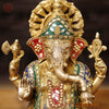 Brass Ganesh Seated On Lotus Base, Golden Stone Work, 12"