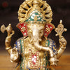 Brass Ganesh Seated On Lotus Base, Golden Stone Work, 12"