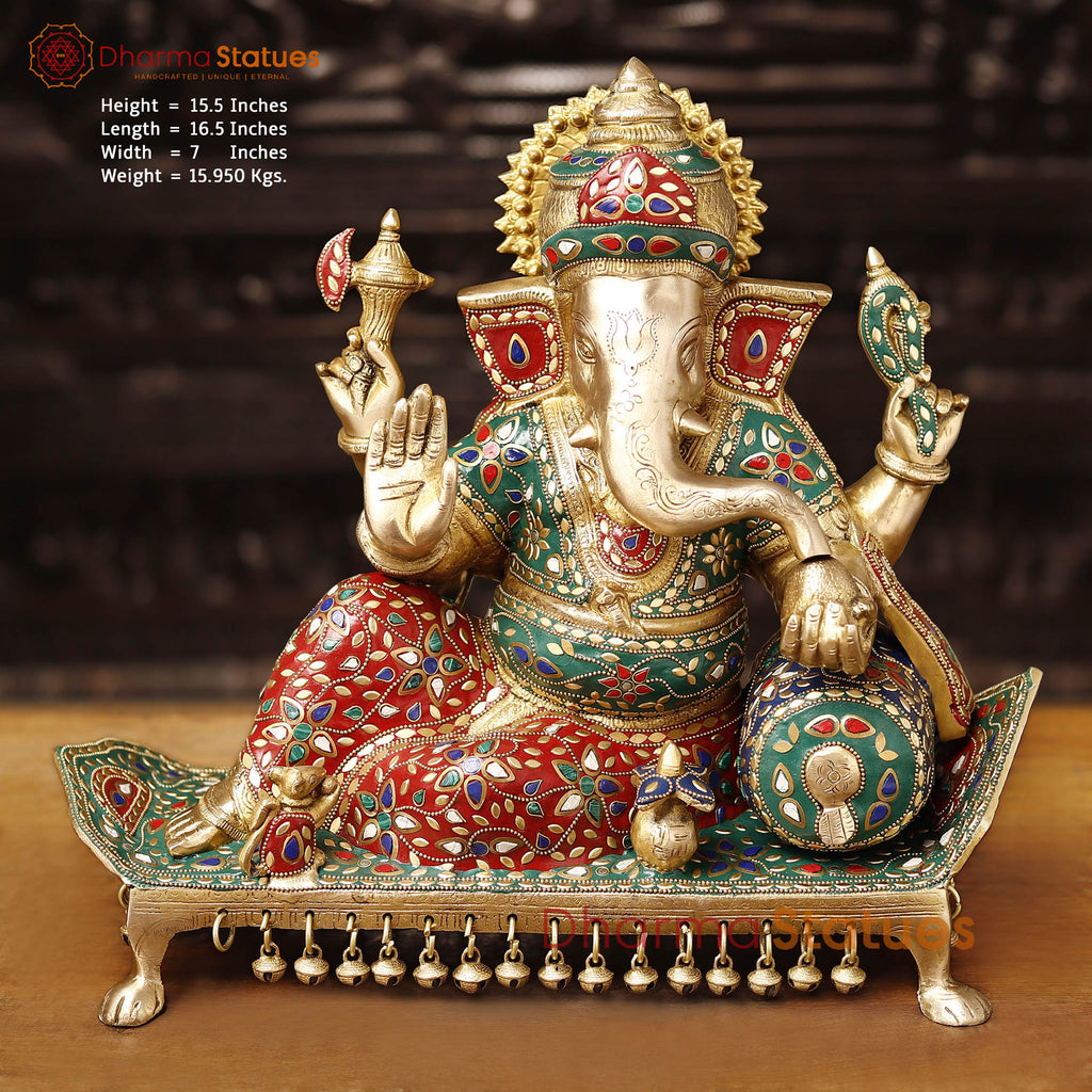 Brass Ganesh Resting On Throne, Stone Work, 15.5" Front View