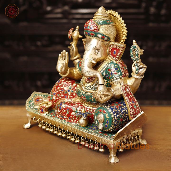 Brass Ganesh Resting On Throne With Ghungroo on the base, Stone Work 15.5"