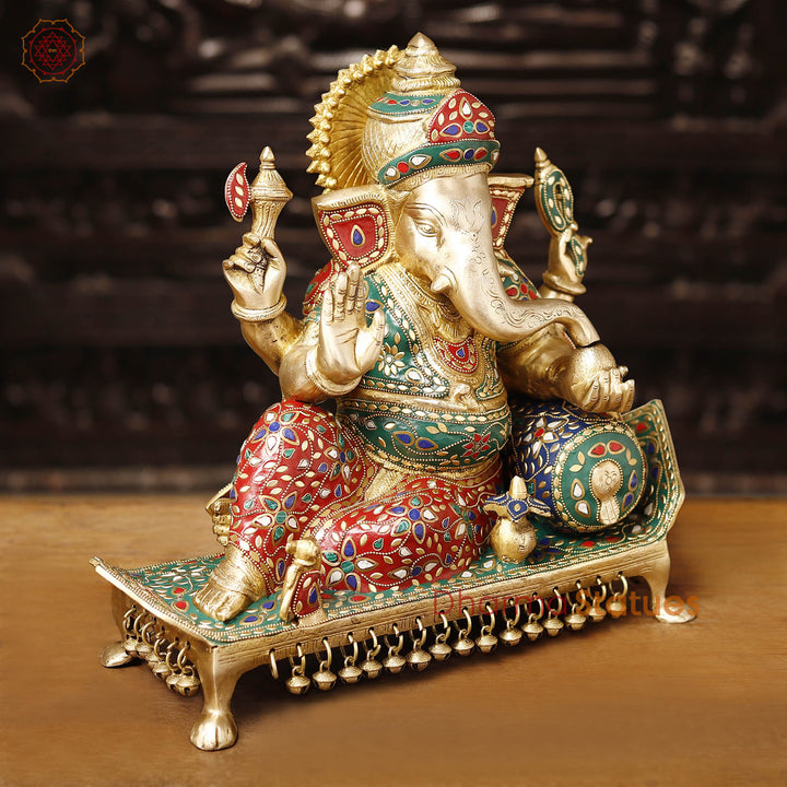 Brass Ganesh Resting On Throne With Ghungroo on the base, Stone Work 15.5"