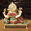 Brass Ganesh Resting On Throne With Ghungroo on the base, Stone Work 15.5"