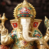 Brass Ganesh Resting On Throne With Ghungroo on the base, Stone Work 15.5"