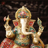 Brass Ganesh Resting On Throne With Ghungroo on the base, Stone Work 15.5"