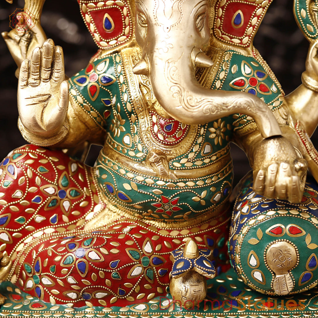 Brass Ganesh Resting On Throne With Ghungroo on the base, Stone Work 15.5"