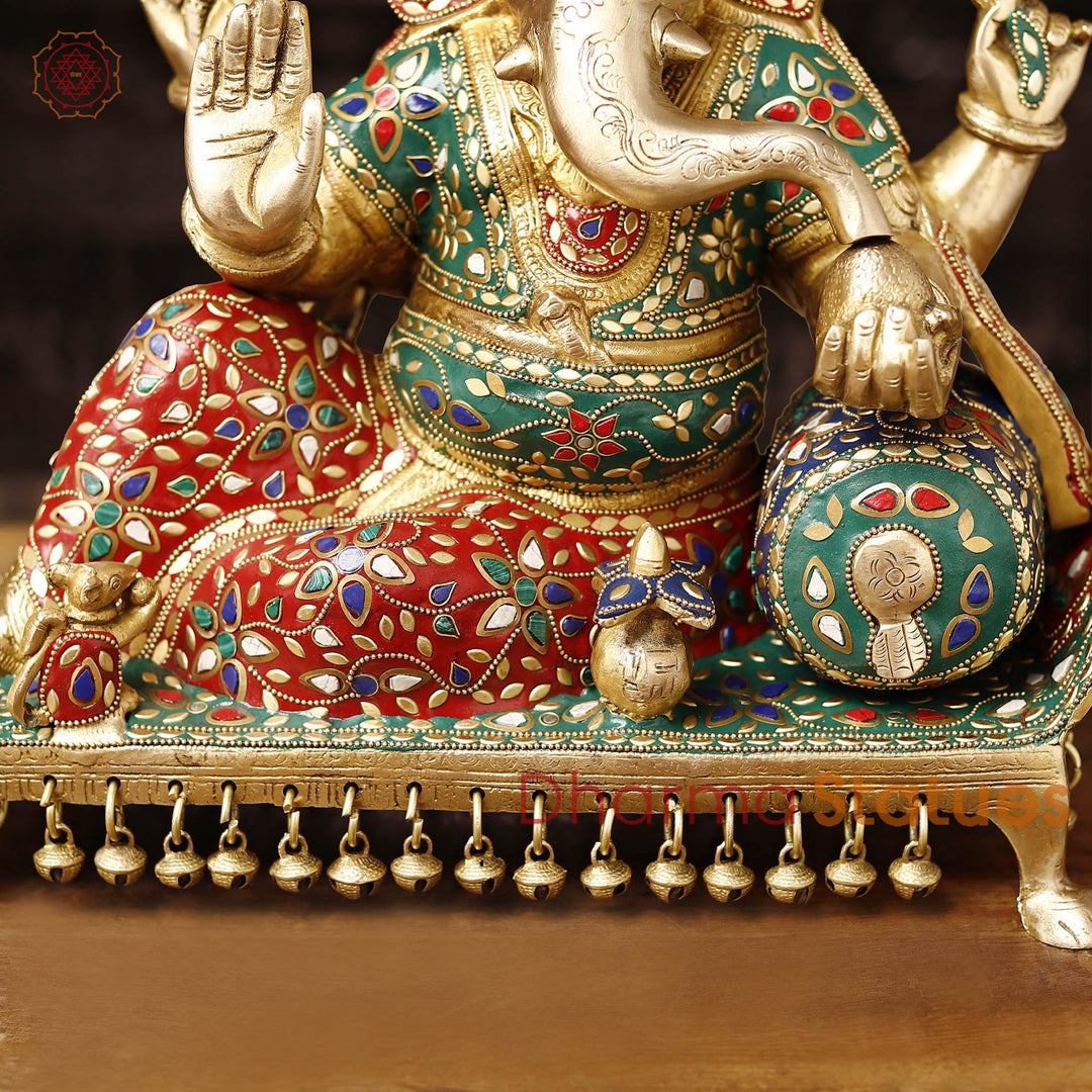 Brass Ganesh Resting On Throne With Ghungroo on the base, Stone Work 15.5"