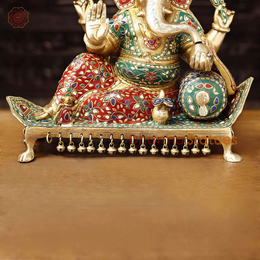 Brass Ganesh Resting On Throne With Ghungroo on the base, Stone Work 15.5"