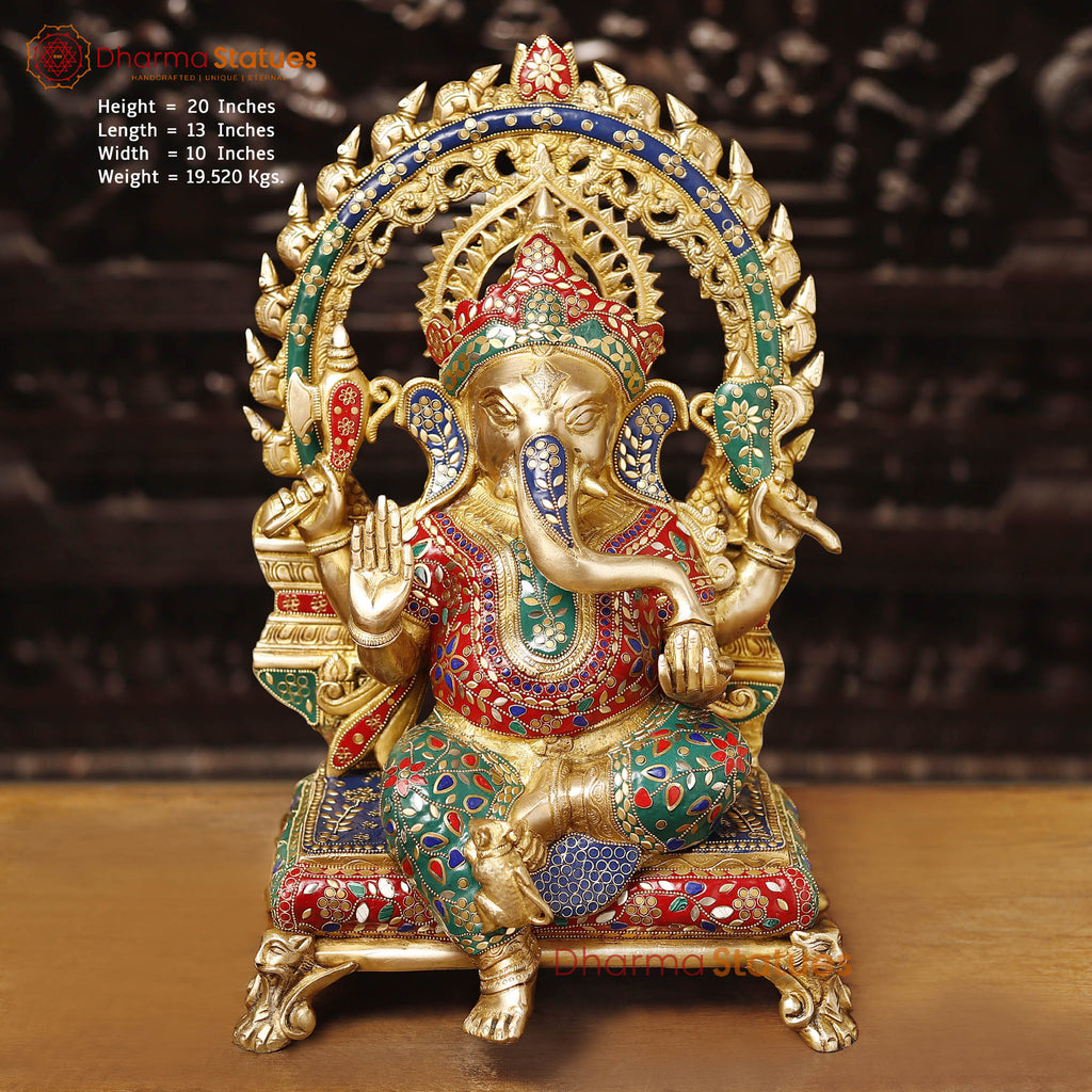 Brass Ganesh Sitting With Rat frame, Golden & Stone Work, 20" Front View