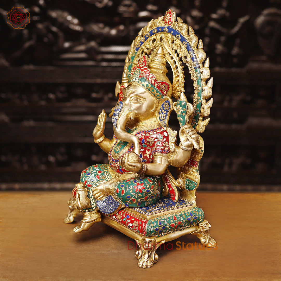 Brass Ganesh Sitting With Rat frame, Golden & Stone Work, 20"