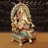 Brass Ganesh Sitting With Rat frame, Golden & Stone Work, 20"